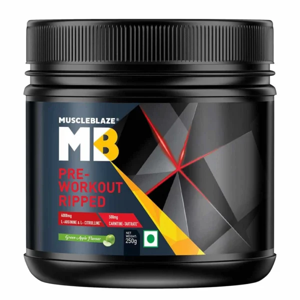 MuscleBlaze Pre Workout Ripped, 4000 mg Citrulline & L-Arginine, 500 mg L-Carnitine, 500 mg Garcinia Extract (Green Apple, Powder, Pack of 27 Servings) - 250 g