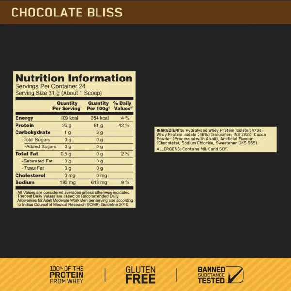 ON Gold Standard 100% Whey Protein Isolate| 744 g (1.6 lbs) | Chocolate Bliss