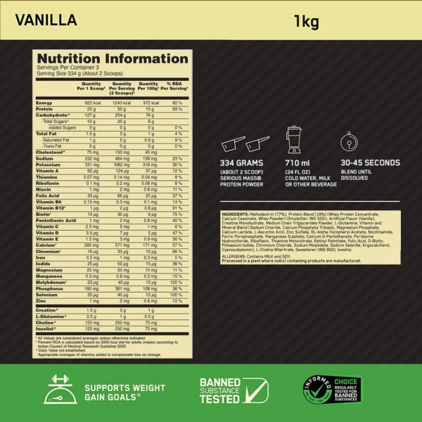 ON Serious Mass Weight Gainer - Vanilla flavour - 1KG