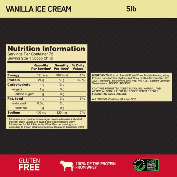 ON Gold Standard 100% Whey Protein Powder | Vanilla Ice Cream | 5 lbs
