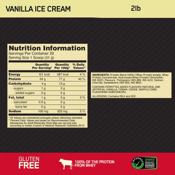 ON Gold Standard 100% Whey Protein Powder | Vanilla Ice Cream | 2 lbs