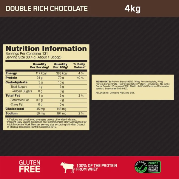 ON Gold Standard 100% Whey Protein Powder | Double Rich Chocolate | 4 kg