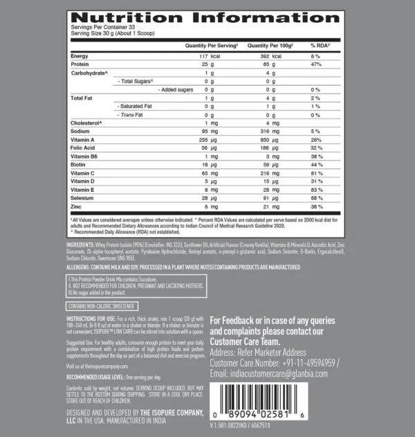 Isopure Whey Protein Isolate Powder with Vitamins for Immune Support |Creamy Vanilla | 1 Kg