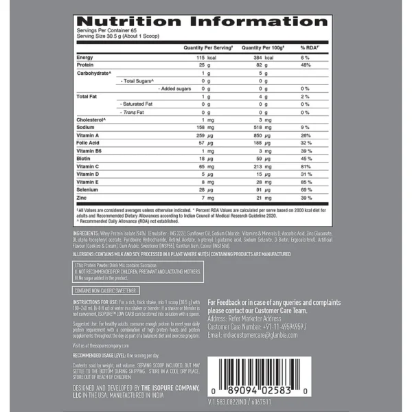 Isopure Whey Protein Isolate Powder with Vitamins for Immune Support - 2 kg (Cookies & Cream)