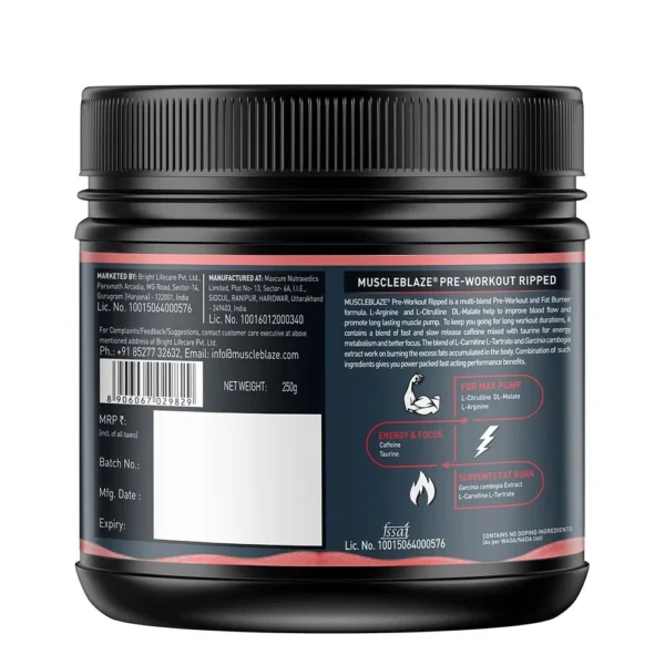MuscleBlaze Pre Workout Ripped, 4000 mg Citrulline & L-Arginine, 500 mg L-Carnitine, 500 mg Garcinia Extract (Fruit Splash,, 27 Servings, Powder) - Pack of 250 g