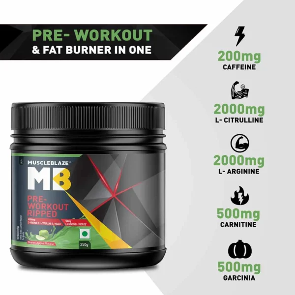 MuscleBlaze Pre Workout Ripped, 4000 mg Citrulline & L-Arginine, 500 mg L-Carnitine, 500 mg Garcinia Extract (Green Apple, Powder, Pack of 27 Servings) - 250 g