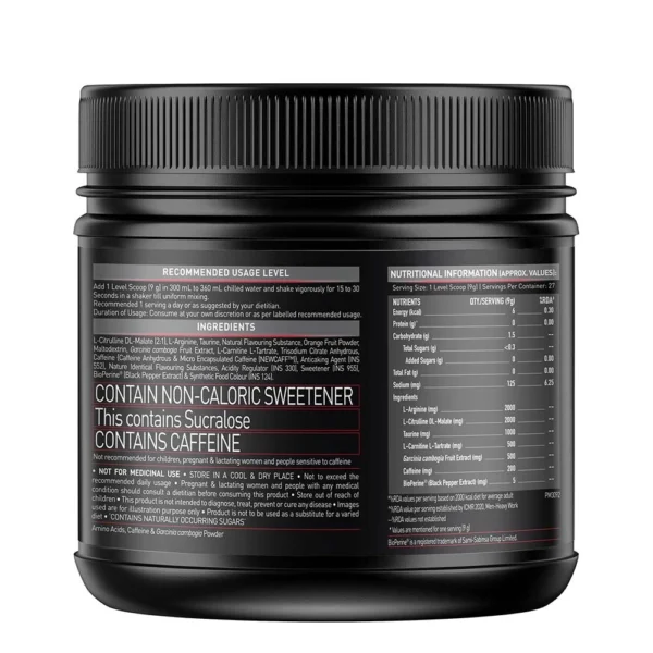 MuscleBlaze Pre Workout Ripped, 4000 mg Citrulline & L-Arginine, 500 mg L-Carnitine, 500 mg Garcinia Extract (Fruit Splash,, 27 Servings, Powder) - Pack of 250 g