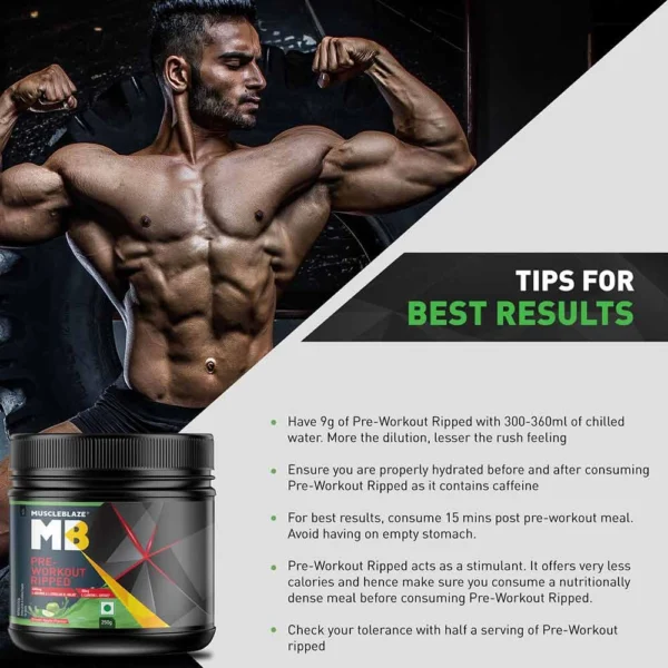 MuscleBlaze Pre Workout Ripped, 4000 mg Citrulline & L-Arginine, 500 mg L-Carnitine, 500 mg Garcinia Extract (Green Apple, Powder, Pack of 27 Servings) - 250 g