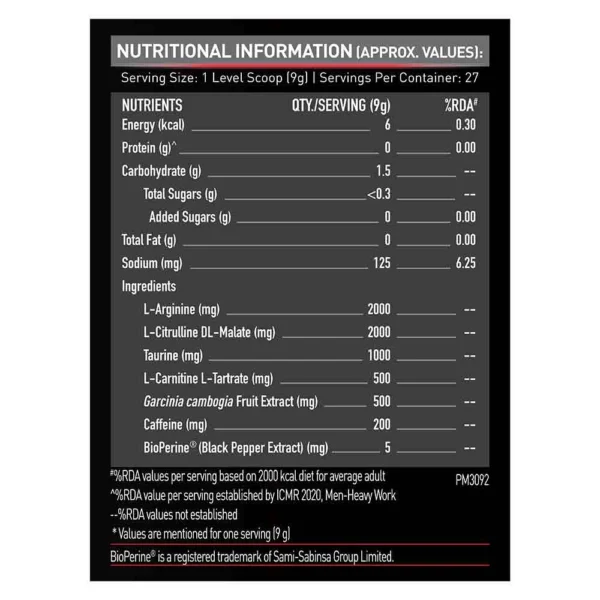 MuscleBlaze Pre Workout Ripped, 4000 mg Citrulline & L-Arginine, 500 mg L-Carnitine, 500 mg Garcinia Extract (Fruit Splash,, 27 Servings, Powder) - Pack of 250 g