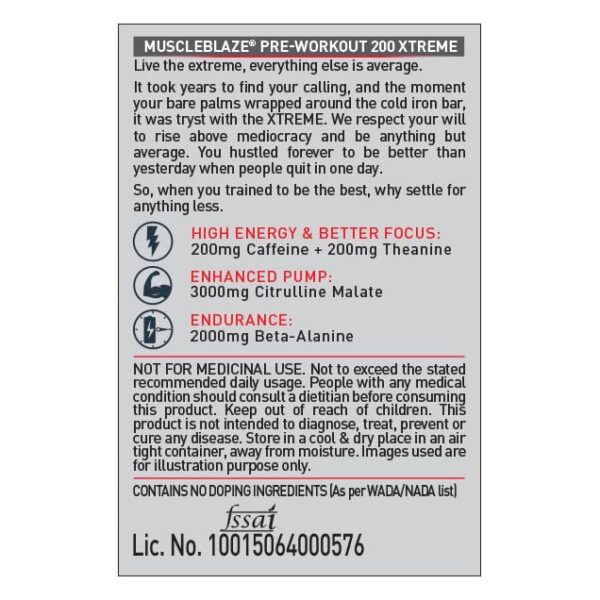 MuscleBlaze Pre Workout 200 Xtreme (Berry Bolt, 30 Servings, 100g) | 200mg Caffeine, 200mg Theanine, 2000mg Beta Alanine, 3000mg Citrulline
