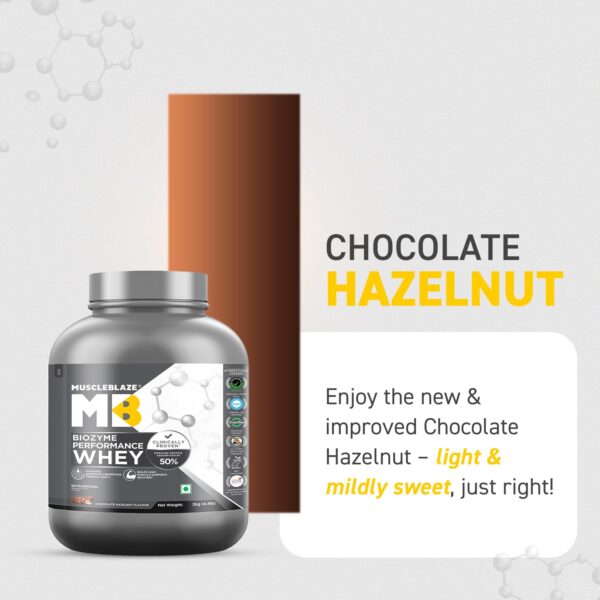 MuscleBlaze Biozyme Performance Whey Protein Powder, Chocolate Hazelnut (2kg / 4.4lbs) | 25g Protein Per Scoop | Clinically Tested 50% Higher Protein Absorption