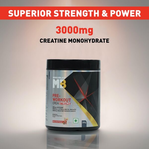 MuscleBlaze Pre Workout Crea-Xtreme (Berry Lime, 200g, 20 Servings) | 3000 mg Creatine Monohydrate, 200mg Caffeine, 200mg Theanine, 2000mg Beta Alanine