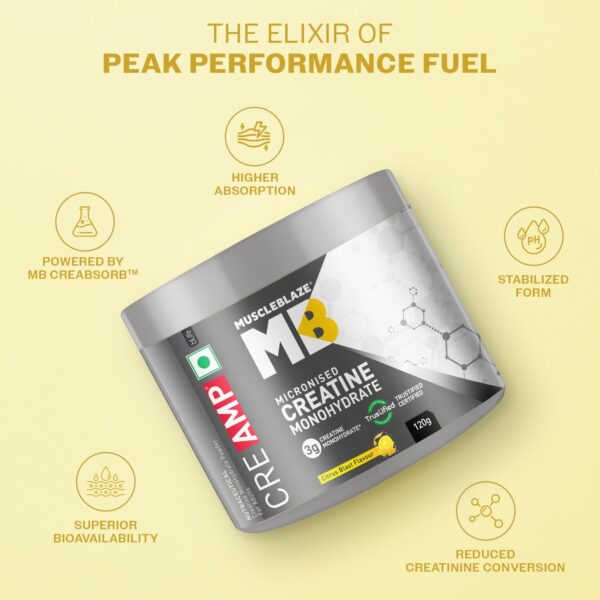 MuscleBlaze Micronised Creatine Monohydrate CreAMP Powder, Citrus Blast (30 Servings, 120g) | Trustified Certified Creatine