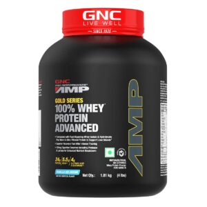 GNC AMP Gold Series Whey Protein Advanced | 2 lbs | Lean Muscle Gains | Intense Workout | Informed Choice Certified | 24g Protein | 5.5g BCAA | 4g Glutamine | Vanilla Ice Cream| Formulated In USA