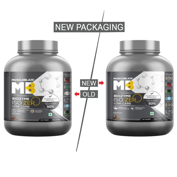 MuscleBlaze Biozyme Iso-Zero, Low Carb Whey Protein Isolate Powder, 27g Isolate Whey Per Scoop (Ice Cream Chocolate, 2kg / 4.4lbs) | USA Patent-Published Enhanced Absorption Formula (EAF)