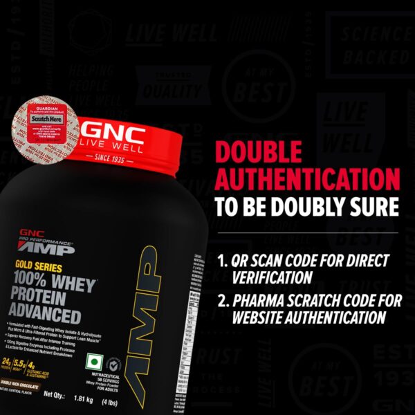 GNC AMP Gold Series Whey Protein Advanced | 4 lbs | Lean Muscle Gains | Intense Workout | Informed Choice Certified | 24g Protein | 5.5g BCAA | 4g Glutamine | Double Rich Chocolate| Formulated In USA