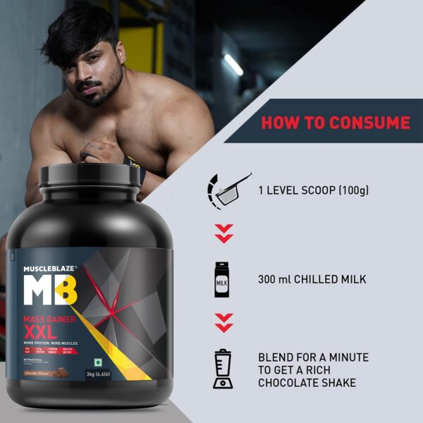 MuscleBlaze Mass Gainer XXL (Chocolate, 2kg / 4.4lbs, 20 Servings) | With Complex Carbs, High Protein & Digestive Enzymes