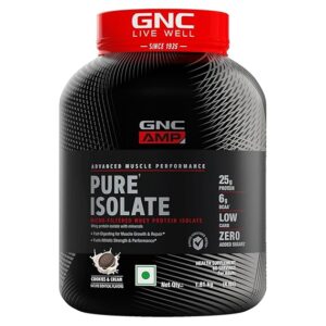 GNC AMP Pure Isolate Low Carb | Boosts Athletic Performance | Builds Lean Muscles | Speeds Up Recovery | Increases Strength | USA Formulated | 25g Protein | 6g BCAA | Cookies & Cream | 4 lbs