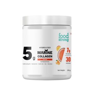 Foodstrong Hydrolyzed Marine Collagen Powder – Orange Flavour | 30 Servings | Supports Skin Hydration, Hair Nourishment & Glow | 210g