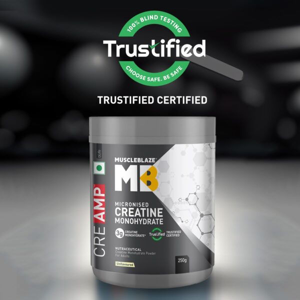 MuscleBlaze Micronised Creatine Monohydrate CreAMP Powder, Unflavoured (80 Servings, 250g) | Trustified Certified Creatine
