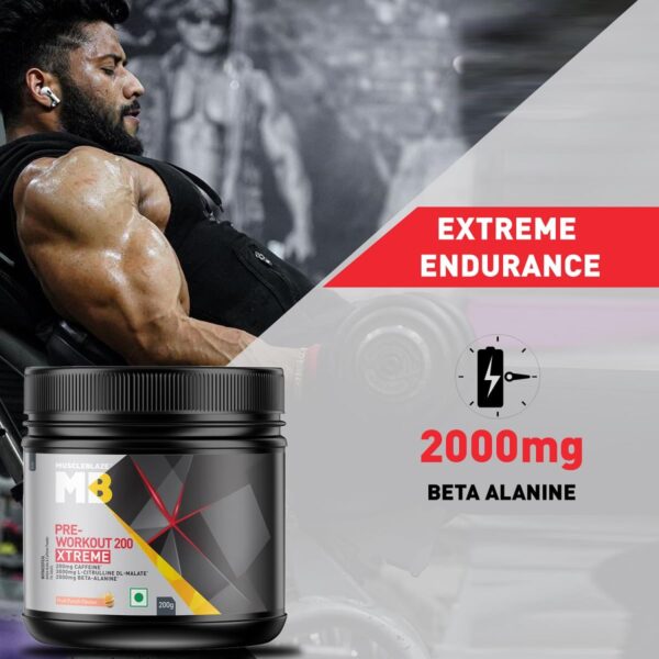 MuscleBlaze Pre Workout 200 Xtreme (Fruit Punch, 60 Servings, 200g) | 200mg Caffeine, 200mg Theanine, 2000mg Beta Alanine, 3000mg Citrulline