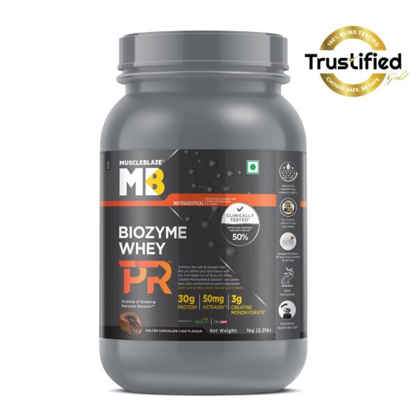 MuscleBlaze Biozyme Whey Protein PR Powder with 30g Protein, 3g Creatine Monohydrate & 50mg AstraGin (Molten Chocolate Cake, 1kg / 2.2lbs) | Trustified Gold Certified