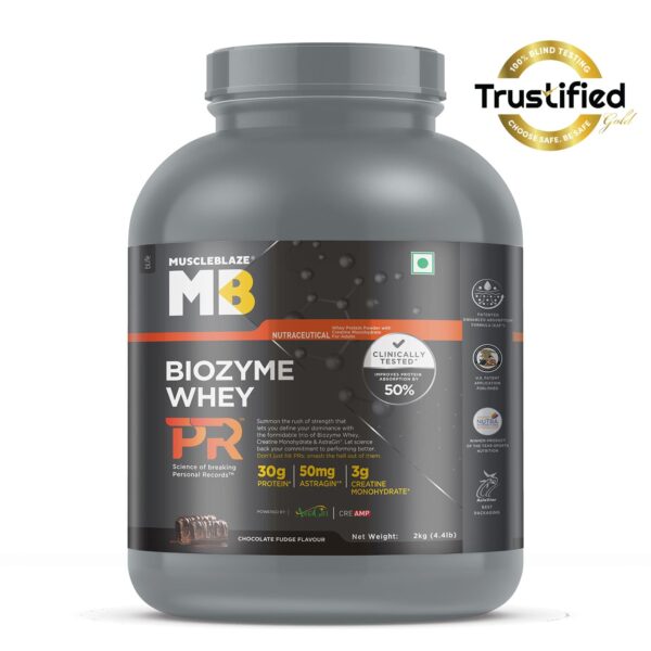 MuscleBlaze Biozyme Whey Protein PR Powder with 30g Protein, 3g Creatine Monohydrate & 50mg AstraGin (Chocolate Fudge, 2kg / 4.4lbs) | Trustified Gold Certified