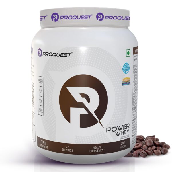 ProQuest Whey Protein (Café Mocha, 1 KG / 2.2 lb / 27 Servings) | 24g Protein Per Scoop | 5.3g BCAA & 11.9g EAA |Lab Tested, Added Probiotics & Digezyme® for Fast & Easy Digestion