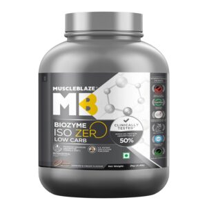 MuscleBlaze Biozyme Iso-Zero, Low Carb Whey Protein Isolate Powder | 27g Isolate Whey Per Scoop (Cookies & Cream, 2kg / 4.4lbs) | USA Patent-Published Enhanced Absorption Formula (EAF)