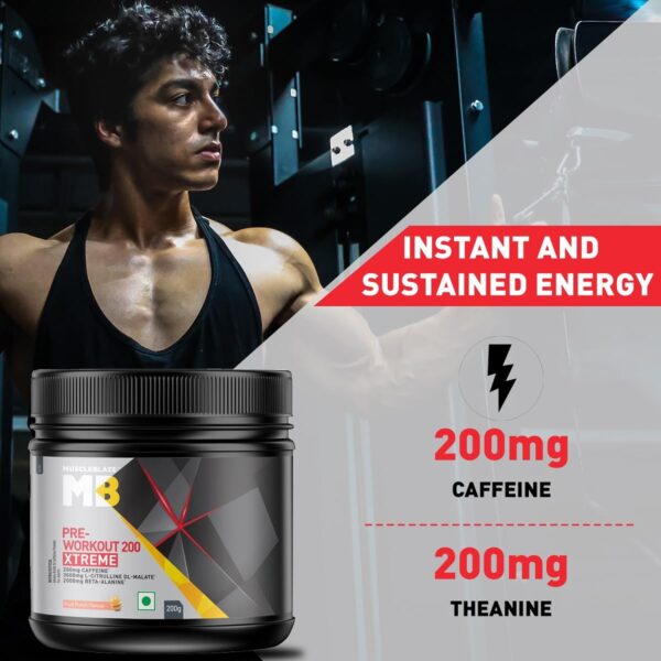 MuscleBlaze Pre Workout 200 Xtreme (Fruit Punch, 60 Servings, 200g) | 200mg Caffeine, 200mg Theanine, 2000mg Beta Alanine, 3000mg Citrulline