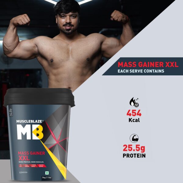 MuscleBlaze Mass Gainer XXL (Chocolate, 5kg / 11lbs, 50 Servings) | With Complex Carbs | High Protein & Digestive Enzymes
