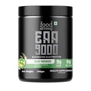 Foodstrong EAA 9000 with Hydrating Electrolytes, Raw Mango Flavour, 9g Essential Amino Acids (EAA) & 6g BCAA Per Serving – Supports Muscle Recovery & Rehydration – 300g, 25 Servings