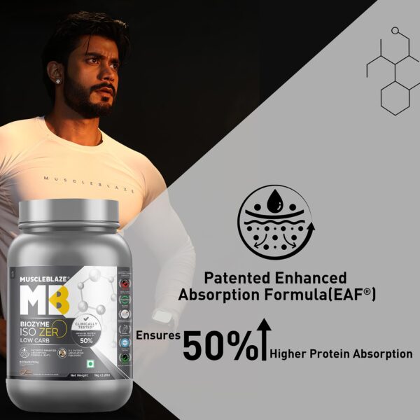 MuscleBlaze Biozyme Iso-Zero, Low Carb Whey Protein Isolate Powder, 27g Isolate Whey Per Scoop (Cookies & Cream, 1kg / 2.2lbs) | USA Patent-Published Enhanced Absorption Formula (EAF)