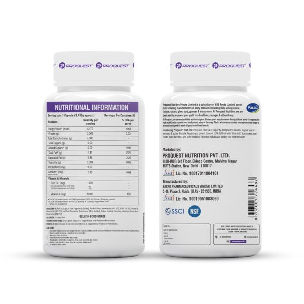 Proquest Fish Oil 1000mg Omega-3 Softgels with Vitamin E | EPA 180mg & DHA 120mg | Heart, Eye, Skin, Hair, Muscle, Brain, and Joint Support | 60 Capsules
