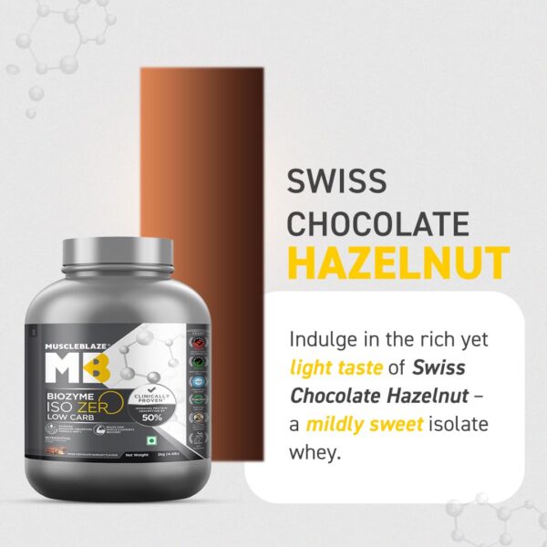MuscleBlaze Biozyme Iso-Zero, Low Carb Whey Protein Isolate, 26.4g Isolate Whey Per Scoop (Swiss Chocolate Hazelnut, 2kg / 4.4lbs) with USA Patent-Published Enhanced Absorption Formula (EAF®)