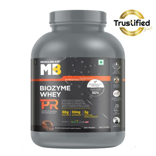 MuscleBlaze Biozyme Whey Protein PR Powder with 30g Protein, 3g Creatine Monohydrate & 50mg AstraGin (Molten Chocolate Cake, 2kg / 4.4lbs) | Trustified Gold Certified