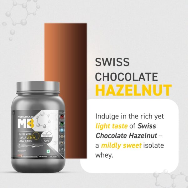 MuscleBlaze Biozyme Iso-Zero, Low Carb Whey Protein Isolate, 27g Isolate Whey Per Scoop (Swiss Chocolate Hazelnut, 1kg / 2.2lbs) with USA Patent-Published Enhanced Absorption Formula (EAF®)