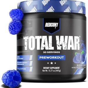 REDCON1 Total War Pre Workout Powder, Blue Raspberry - Beta Alanine + Citrulline Malate Keto Friendly Preworkout for Men & Women with 320mg of Caffeine - Fast Acting (30 Servings)