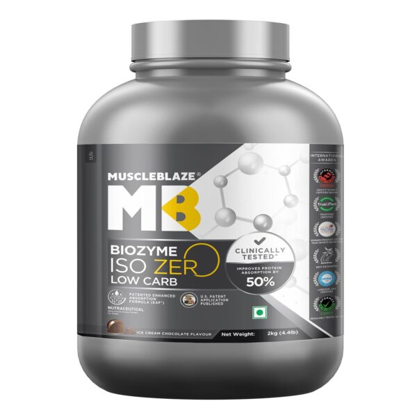 MuscleBlaze Biozyme Iso-Zero, Low Carb Whey Protein Isolate Powder, 27g Isolate Whey Per Scoop (Ice Cream Chocolate, 2kg / 4.4lbs) | USA Patent-Published Enhanced Absorption Formula (EAF)