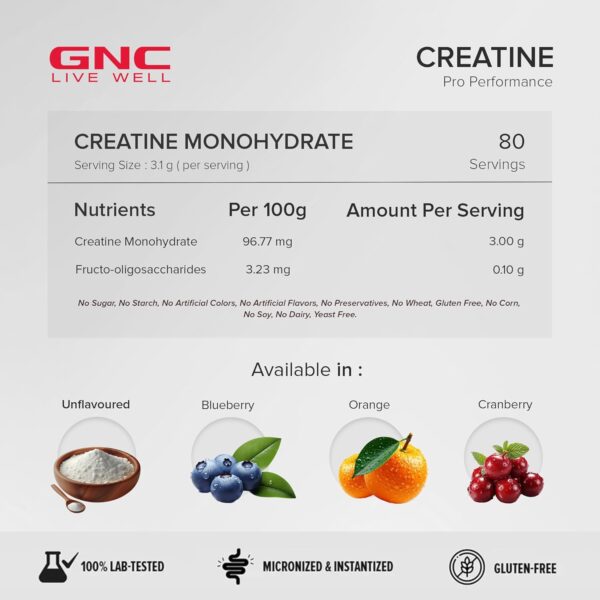 GNC Pro Performance Creatine Monohydrate - 3000mg Creatine Per Scoop | Micronized for Faster Absorption | Boosts Energy, Muscle Volume & Performance | Gluten-Free | Unflavored | 250gm
