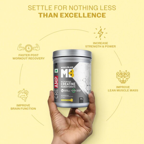 MuscleBlaze Micronised Creatine Monohydrate CreAMP Powder, Citrus Blast (80 Servings, 320g) | Trustified Certified Creatine