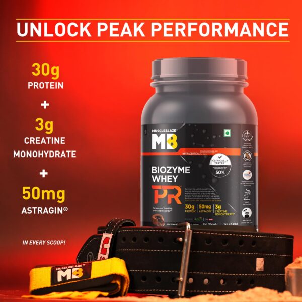 MuscleBlaze Biozyme Whey Protein PR Powder with 30g Protein, 3g Creatine Monohydrate & 50mg AstraGin (Molten Chocolate Cake, 1kg / 2.2lbs) | Trustified Gold Certified