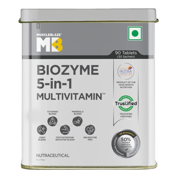 MuscleBlaze Biozyme Daily Multivitamin|5-In-1 Supplement With Vitamins,Minerals,Joint,T-Booster Blend|With Us Patent Published Eafa|For Higher Energy & Improved Performance,1 Count,90 Capsules