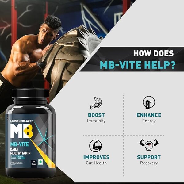 MuscleBlaze MB-Vite Daily Multivitamin (60 Tablets) | With 51 Ingredients & 6 Blends, Vitamins & Minerals, Prebiotic & Probiotics, Amino Acid Blends | For Energy, Stamina & Recovery