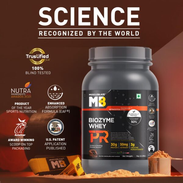 MuscleBlaze Biozyme Whey Protein PR Powder with 30g Protein, 3g Creatine Monohydrate & 50mg AstraGin (Molten Chocolate Cake, 1kg / 2.2lbs) | Trustified Gold Certified