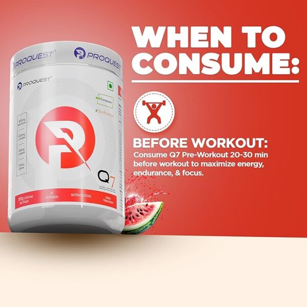 Proquest Q7 Pre-Workout (Salted Watermelon, 25 Servings 300g) | Per serve- Beta Alanine 4000 mg, L-Arginine 600 mg, Creapure® 750mg, Caffeine 200mg | Muscle Pump, Performance, Energy, Recovery, Focus & Endurance