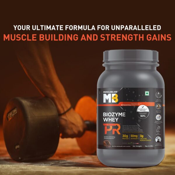 MuscleBlaze Biozyme Whey Protein PR Powder with 30g Protein, 3g Creatine Monohydrate & 50mg AstraGin (Molten Chocolate Cake, 1kg / 2.2lbs) | Trustified Gold Certified