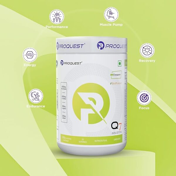 Proquest Nutrition Q7 Pre-Workout (Lemon Zist, 25 Servings 300g) | Per serve- Beta Alanine 4000 mg, L-Arginine 600 mg, Creapure® 750mg, Caffeine 200mg | Muscle Pump, Performance, Energy, Recovery, Focus & Endurance