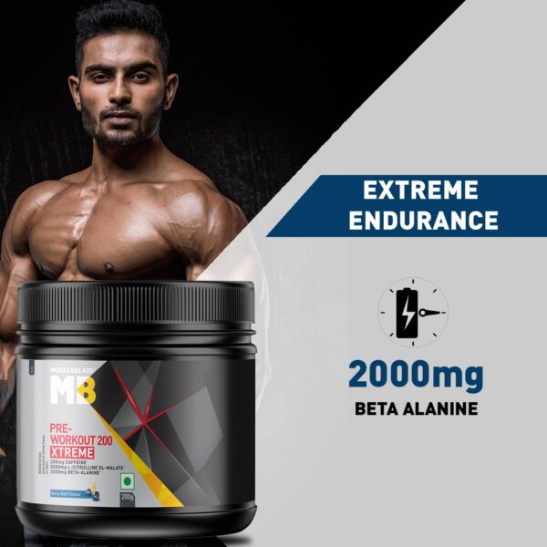 MuscleBlaze Pre Workout 200 Xtreme (Berry Bolt, 60 Servings, 200g) | 200mg Caffeine, 200mg Theanine, 2000mg Beta Alanine, 3000mg Citrulline