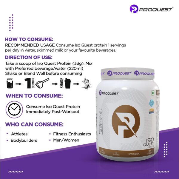 ProQuest Isolate Whey Protein Iso Quest (Milk Chocolate, 1KG / 2.2 lb / 30 Servings) | 27g Protein Per Scoop | Low Fat & 12.5g EAA | Lab Tested & Easily Digestive | Faster Muscle Support & Recovery